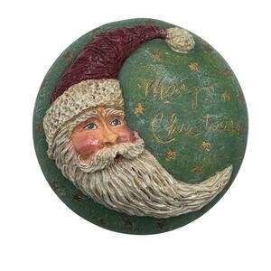Vtg Santa Crescent Moon Trinket Box Round Ceramic with Lid 3.75" Merry Christmas
